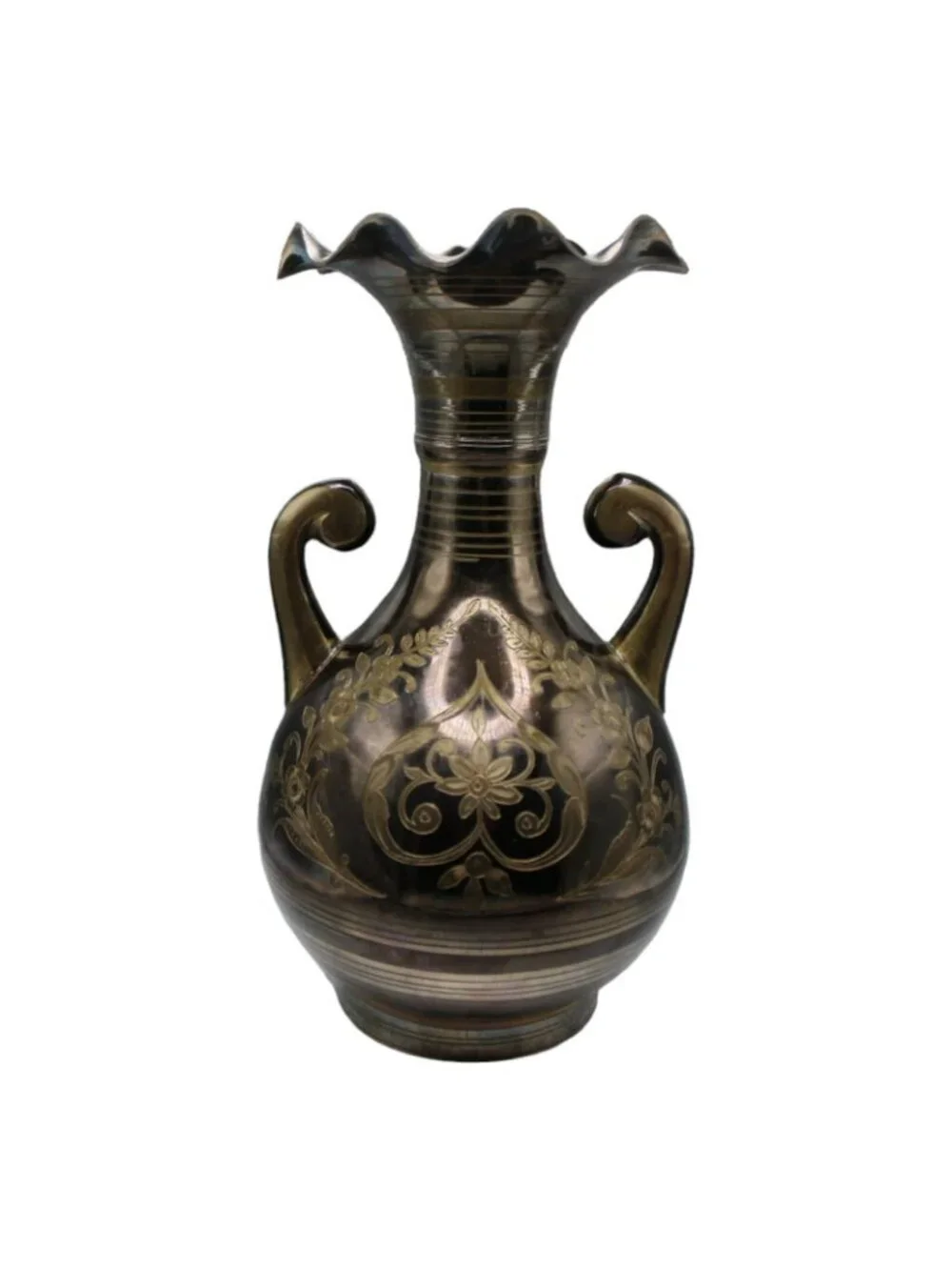 Vintage Solid Brass Vase Handles Etched Peacock & Inverted Heart Ruffled Top